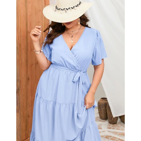 Plus Size V Neck Wrap Maxi Dress Short Sleeves High Waist Ruffle Belt - Picture 5 of 5